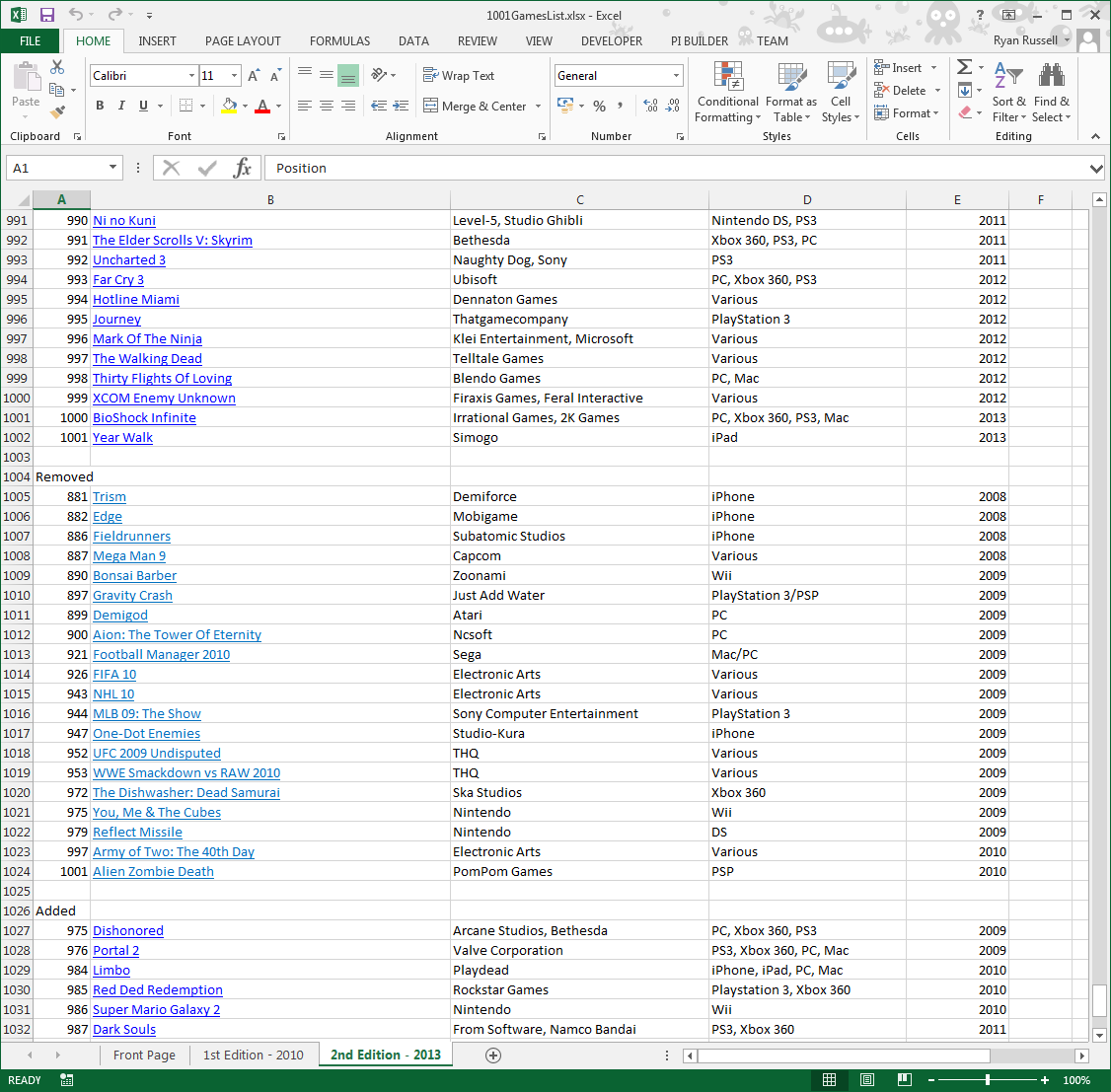 Screenshot of 1001 Games list